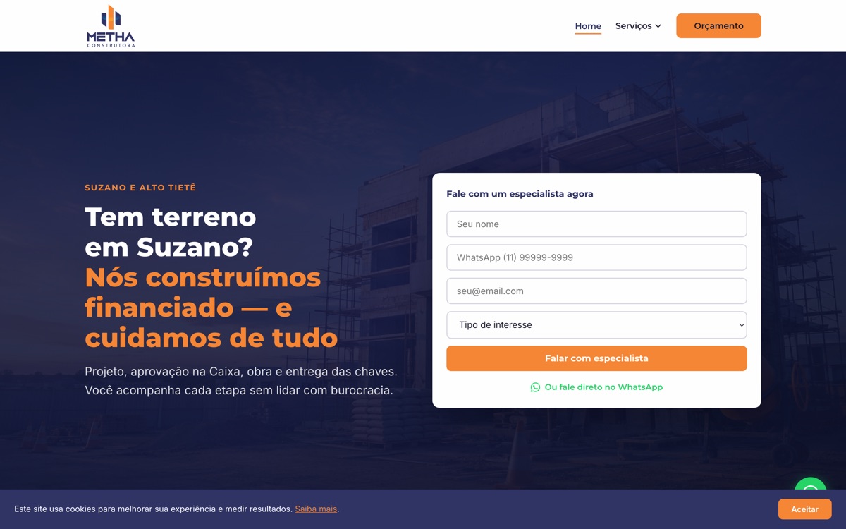 Hero do site da Metha Construtora, desenvolvido pela Agência Pine